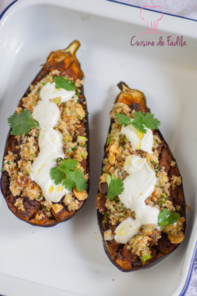 Aubergines à la chermoula, boulgour et yaourt